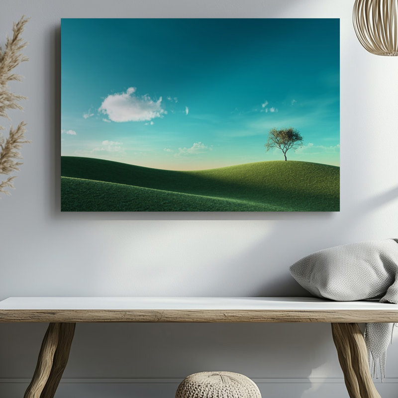 Toile, "Un paysage minimaliste serein avec un arbre solitaire au sommet d'un mur", H 30 po x l 30 po