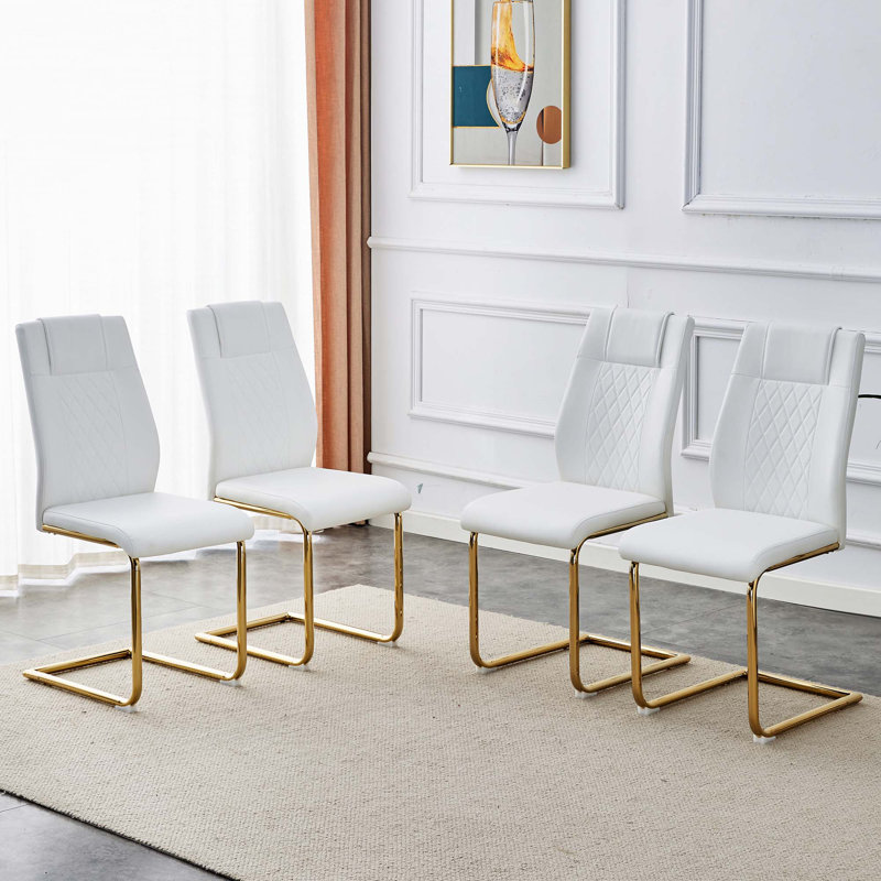 Faux Leather Dining Chairs, White, Gold, 4