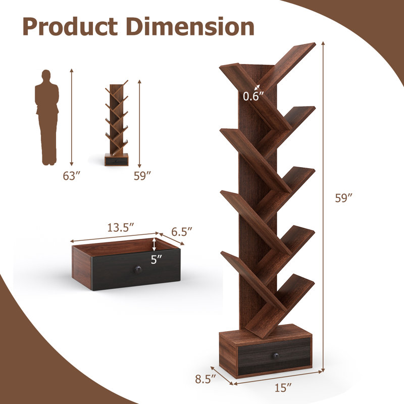 Grigorios Tree Bookshelf Storage Bookcase, Brown/Espresso