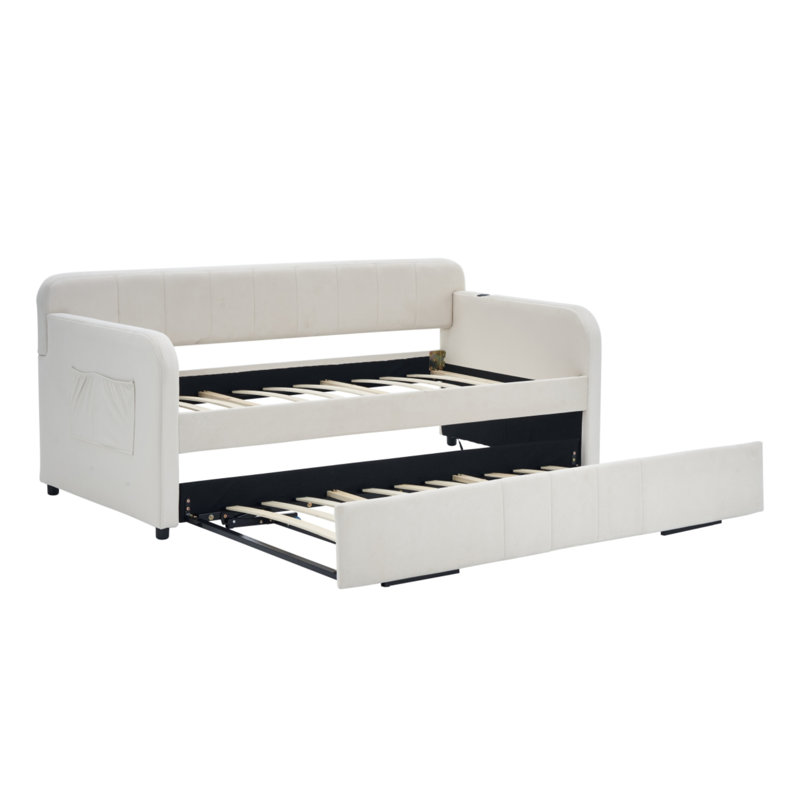 Structure de lit de jour double rembourrée avec lit gigogne escamotable, canapé-lit à lattes avec poche de rangement latérale pour le salon de la chambre d'amis