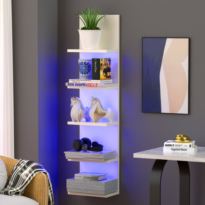 5-Tier Floating Wall Shelf with Bulit-in RGB Lights, White