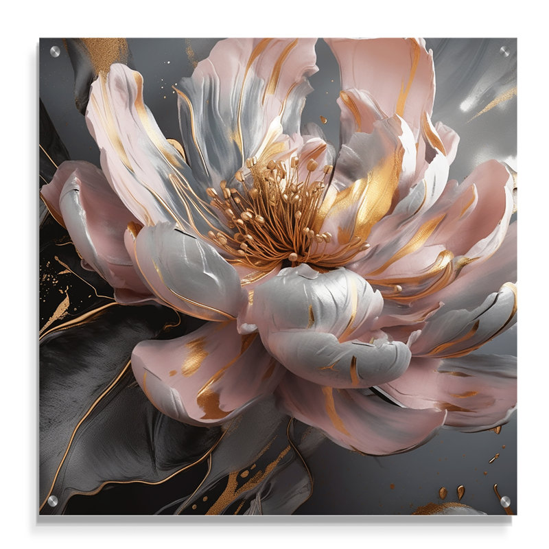 Marbre rose doré pivoine fleur III - marbre abstrait acrylique, art mural, H 36 po x l 36 po