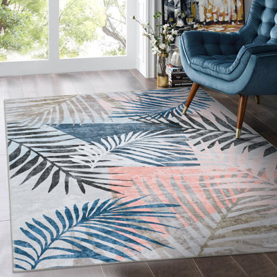 Jasmine Modern Plant Leaf Design Washable And Foldable Area Rugs for Living Room Bedroom Blue Black Pink White/Multi
