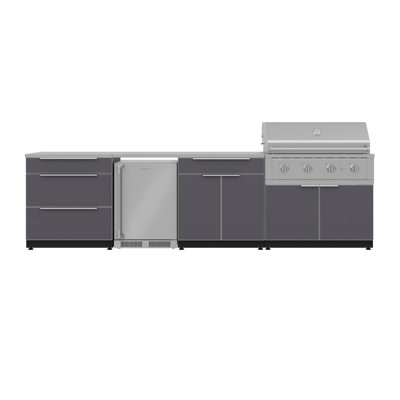 Outdoor Kitchen Aluminum Slate Grey 7 Piece Cabinet Set with 3-Drawer, Bar, Grill Cabinet, 40" Natural Gas Performance Grill, SS Tops and Stainless Steel Door Fridge