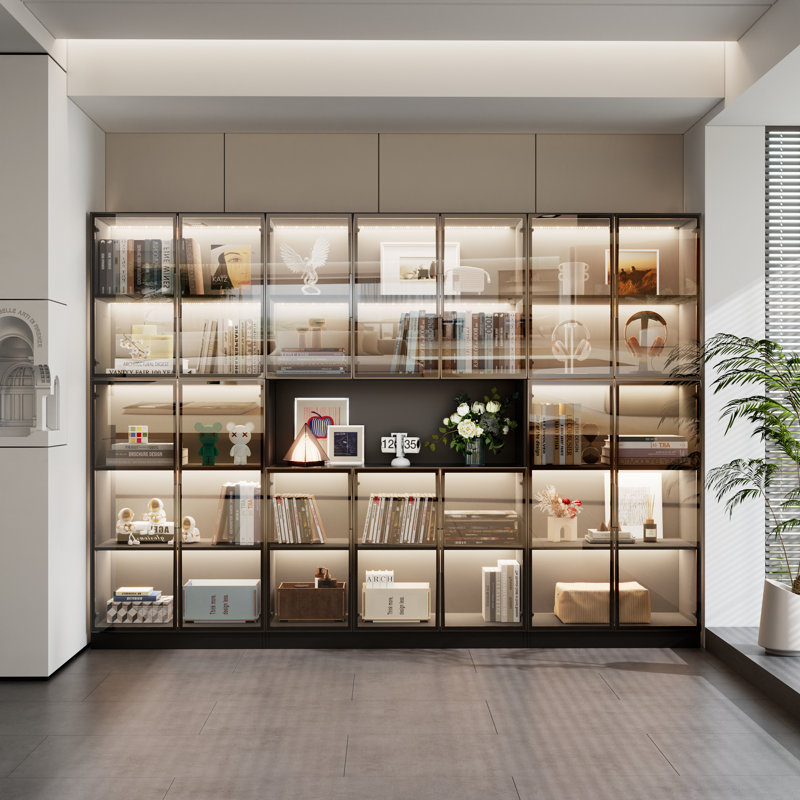 Bibliothèque combinée avec portes en verre et lumières DEL, Noir