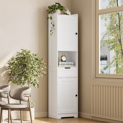 68" Tall Freestanding Narrow Bathroom Cabinet - Lights, Storage, Doors (Solid Wood/Bamboo, 4 Finishes)