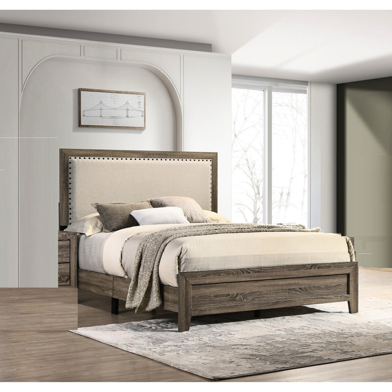 Très grand lit à la mode avec tête de lit en incrustation de cristal et fabrication en bois avec placages attrayants à finition grise