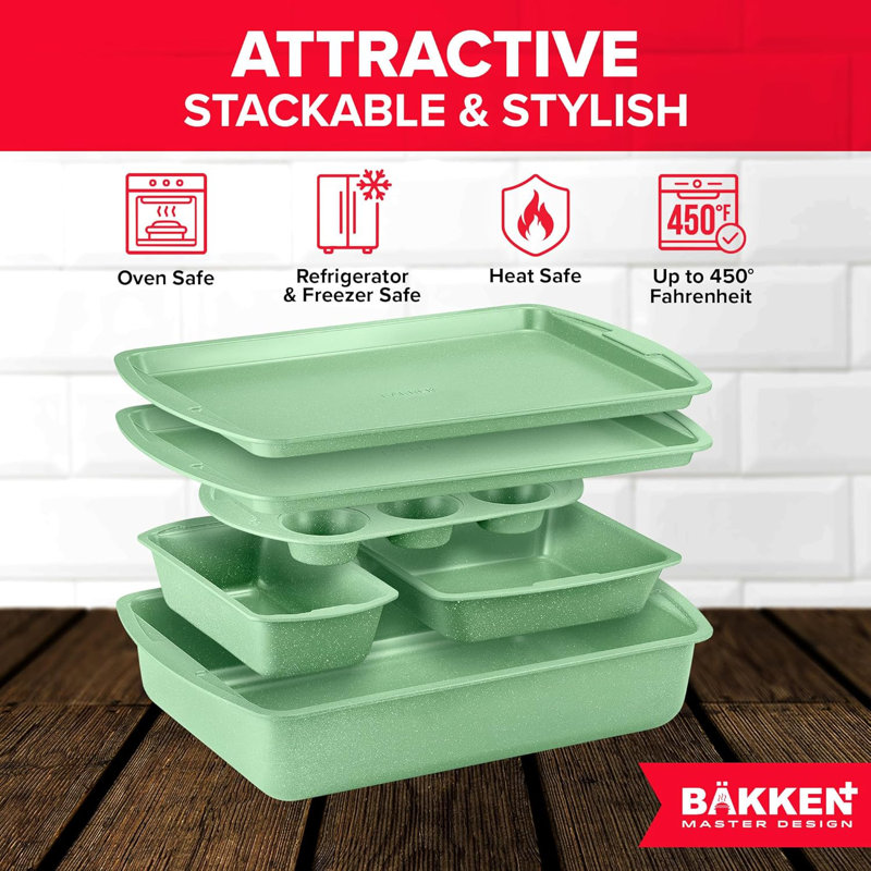 Green 10-Piece Bakeware Set – Nonstick Carbon Steel Pans, Stackable, Dishwasher Safe, Stain-Resistant, Oven Safe To 450°F
