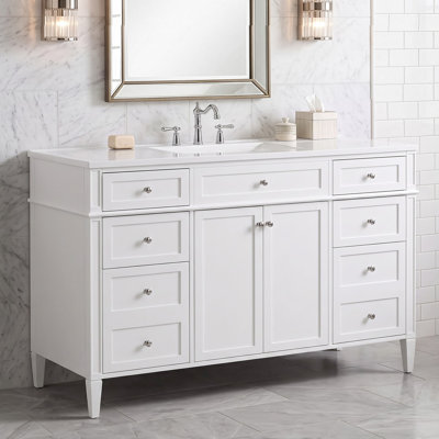 48" White Freestanding MDF Bathroom Vanity with Sink Top, 6 Drawers, 2 Doors, Composite Basin, Soft Close Hinges & Silver Handles