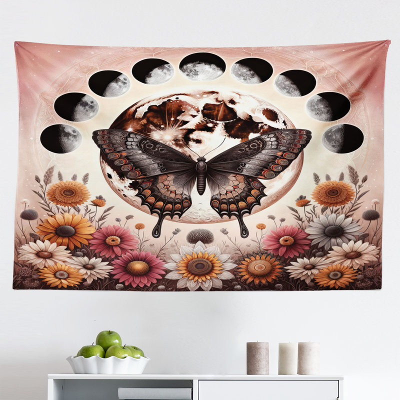 Winston Porter Boho Wall Hanging Tapestry Spring Butterfly Floral Garden Pale Ruby Dark Taupe, H 30 po x l 45 po