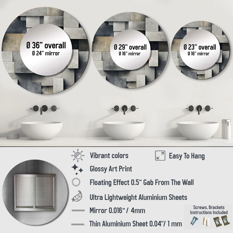 Roxsanne Architectural Concrete Wall Illusion - Brick  Mirror, Modern Decorative Wall Mirror, Printed Metal Art, 23" x 23"