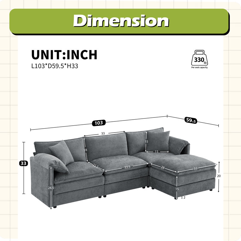 Canapé modulaire en chenille de 103 po avec assise profonde et large, ensemble de canapé en forme de L avec coussins doubles