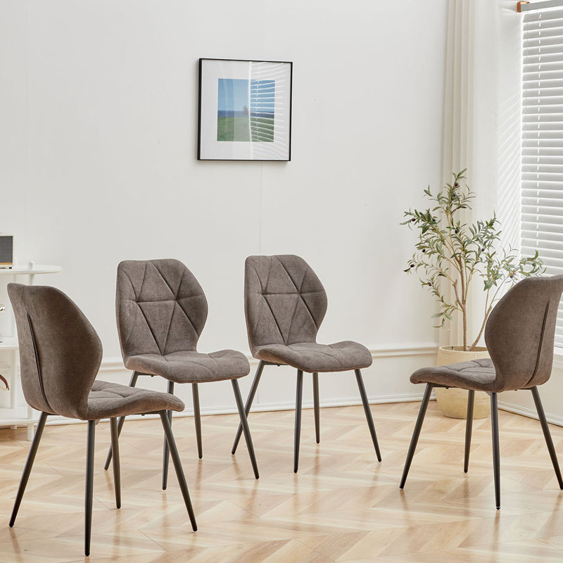 Modern Simple Round Solid Wood Dining Table Set - Set Of 4 Diamond Pattern Velvet Dining Chairs - Metal Legs - For Living Room/Bedroom