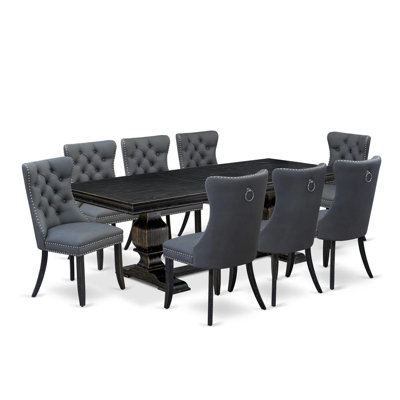 Ensemble de table de salle à manger 9 pièces comprenant une table rectangulaire et 8 chaises en tissu de polyester gris platine, noir sablé