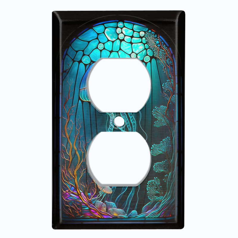 Cute Jelly Fish Blue Glass Art Print Copper Rust Patina Teal Print 1 - Gang Toggle Light Switch Standard Wall Plate