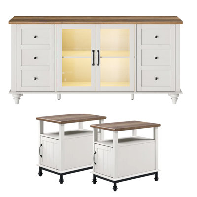 Ensemble de table de salon Latece, 1 meuble télé en bois pour téléviseur 65 pouces, 2 tables de bout