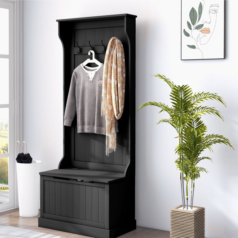 Arbre d'entrée 28 po 3-en-1 avec banc de rangement, portemanteau avec quatre crochets et rangement pour chaussures