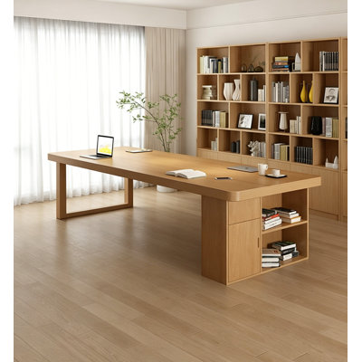 Bureau d'étude en pin massif à bords arrondis de style japonais avec compartiments de rangement
