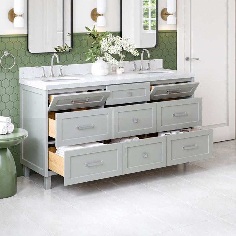 Ariel Monrow 66 Inch Double Oval Sink Bathroom Vanity With Carrara White Quartz Countertop, Gray