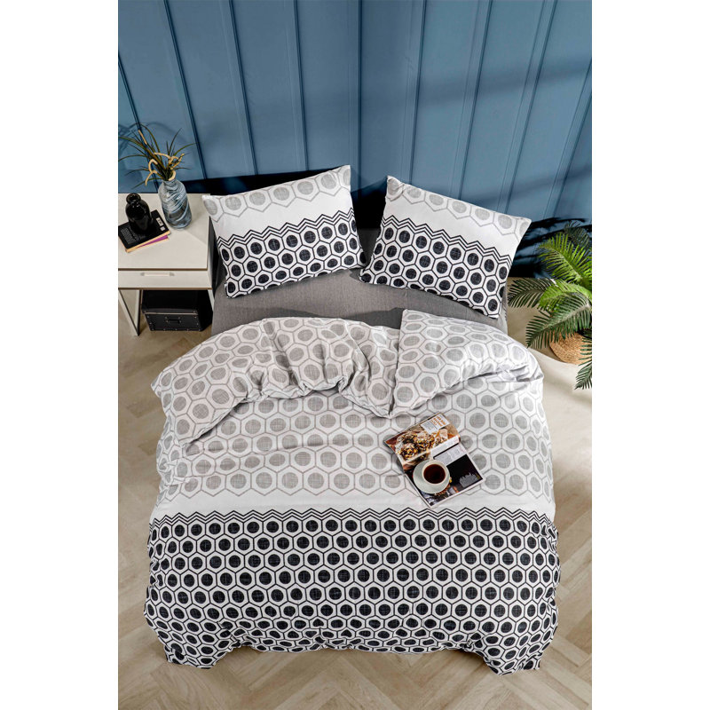 Premium Single Quilt Cover Set, Black/White/Grey, 55.1 x 78.7 inches | 65% Cotton / 35% Polyester, Machine Washable, 120 Thread Count, Envelope & Button Closures, Stylish Pigment Printing for Modern Bedroom Decor