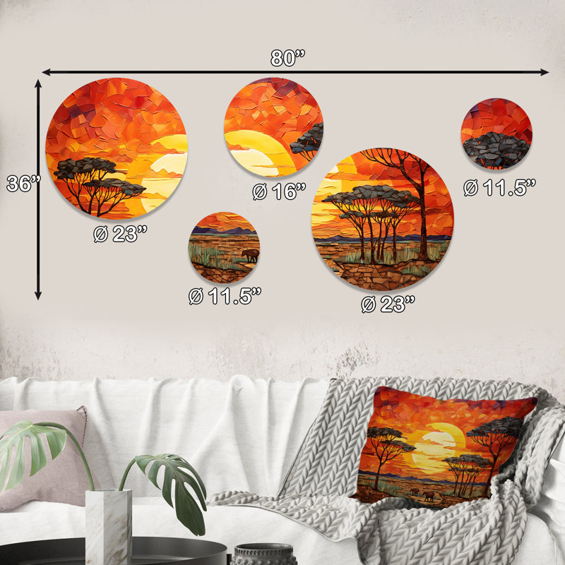 Savannah coucher de soleil en safari africain dans les teintes 2 - ensemble d'art mural rond mosaïque bohème de 5