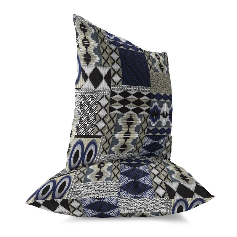 Blue and Grey Patchwork Reversible Indoor/Outdoor Throw Pillow