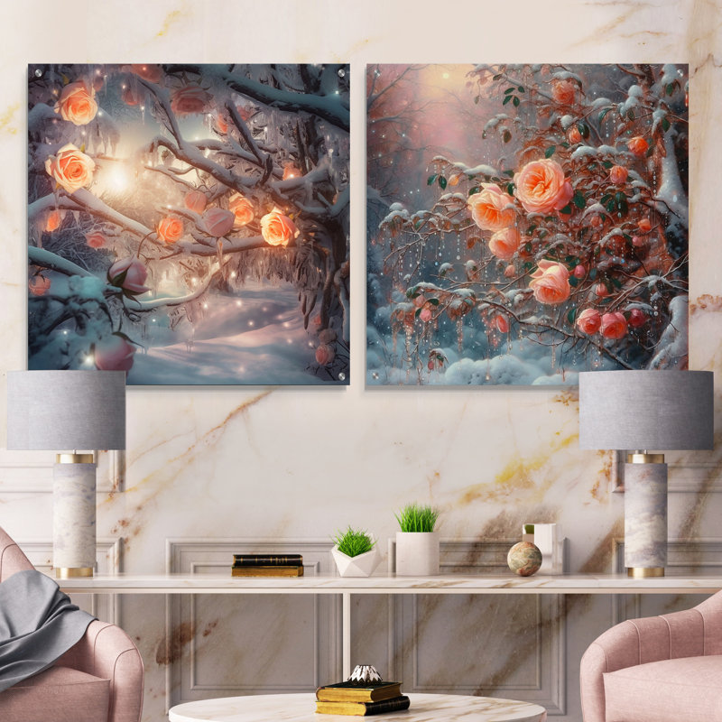 «Peach Enchanted Roses I» - ensemble d'art mural en verre acrylique rose de 2, H 36 po x l 73 po