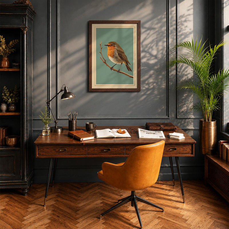 Perched Robin Botanical - Framed Print, Walnut, A3 - 42.0 x 29.7 cm