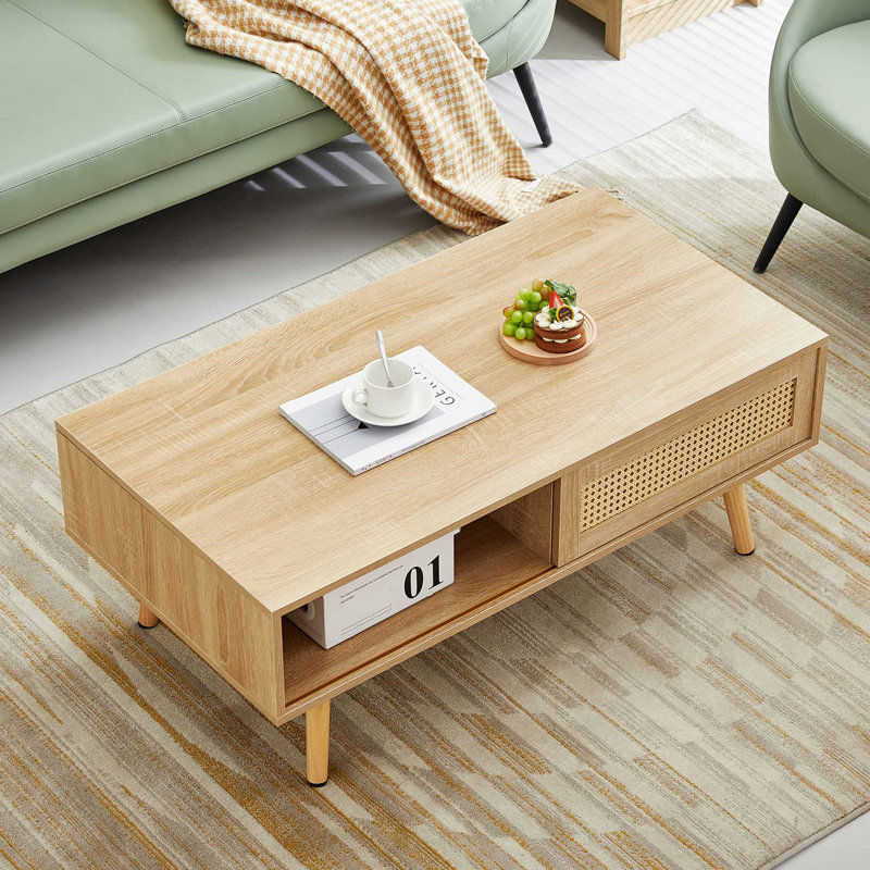 Natural Wood Mid Century Modern Coffee Table with Rattan Storage