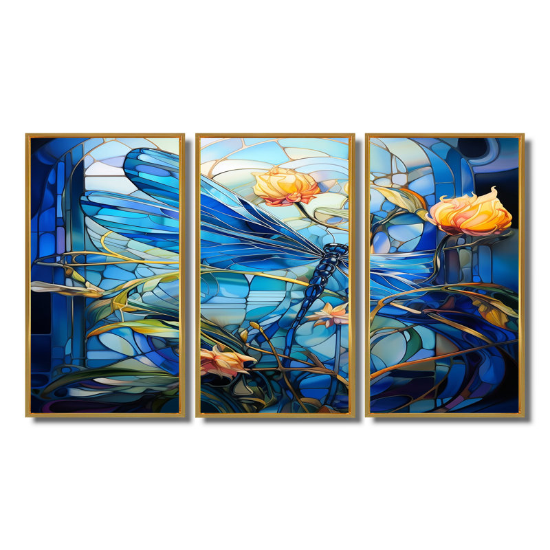 Ensemble de salon bleu avec libellules bleues et fleurs jaunes, Cadre flottant doré, H 28 po x l 36 po x P 1 po