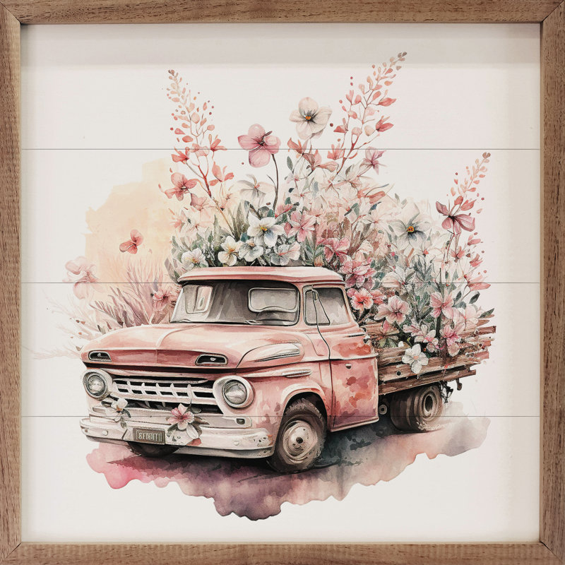 Camion rose avec fleurs plates, H 12 po x l 12 po