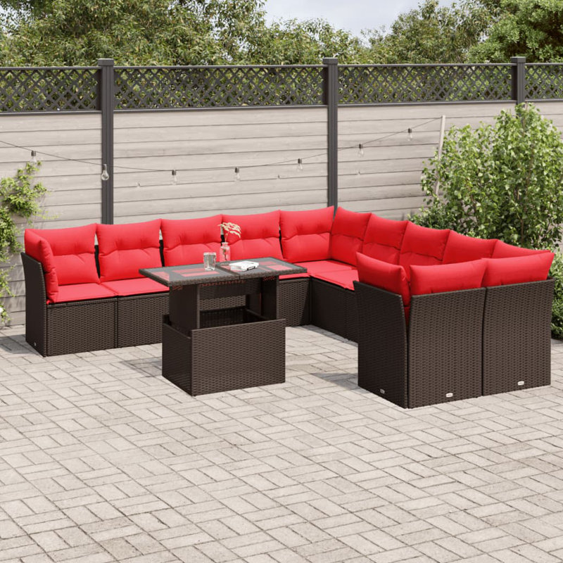 Ensemble de canapé de patio 11 pièces avec coussins en rotin de polyester, Rouge, Brun