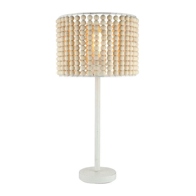 Lampe de table en métal et bois perlé H 25,25 "Aime, Blanc, Brun clair