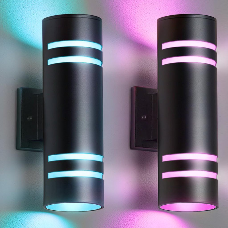Smart Wifi LED Outdoor Wall Sconce 2 Pack, Up And Down Lights Ambience Color Changing, Cylinder RGB Outdoor Lights For House Garage Exterior Light Fixture No Hub Required, ETL Listed