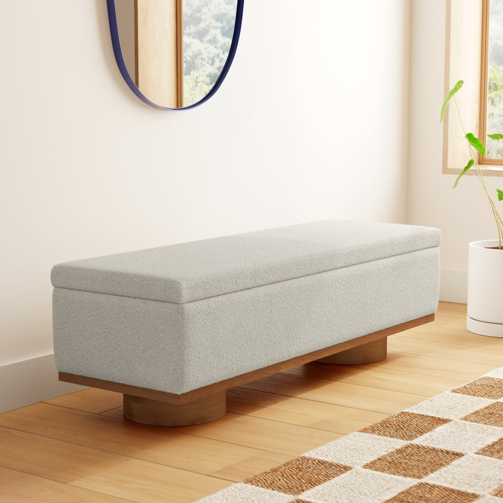 Morje 61" Linen Entryway Bench, Cream Boucle, Natural