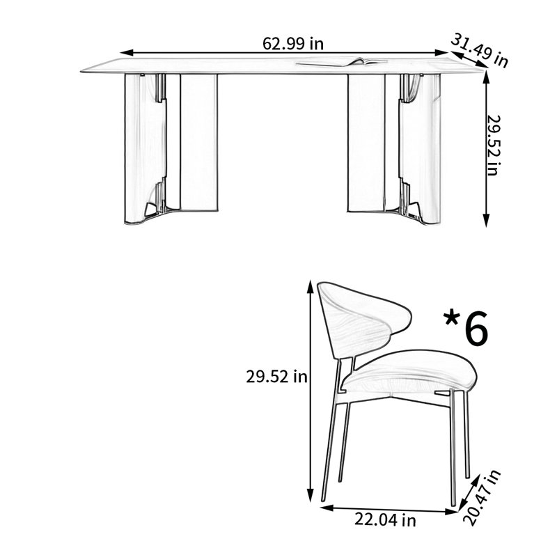Ensemble de table rectangulaire moderne avec chaises, H 29,52 po x L 62,99 po x l 31,49 po