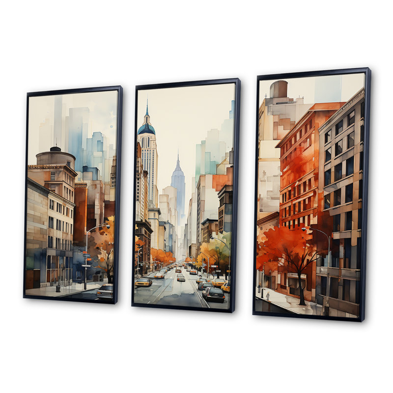 «Autumn New York City Breeze 2», art mural de la ville de New York, Cadre flottant noir, H 28 po x l 36 po x P 1 po