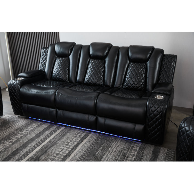Canapé inclinable électrique moderne en similicuir avec table rabattable, lumières DEL, recharge sans fil, ports USB-C / USB, prise de courant et rangement dissimulé