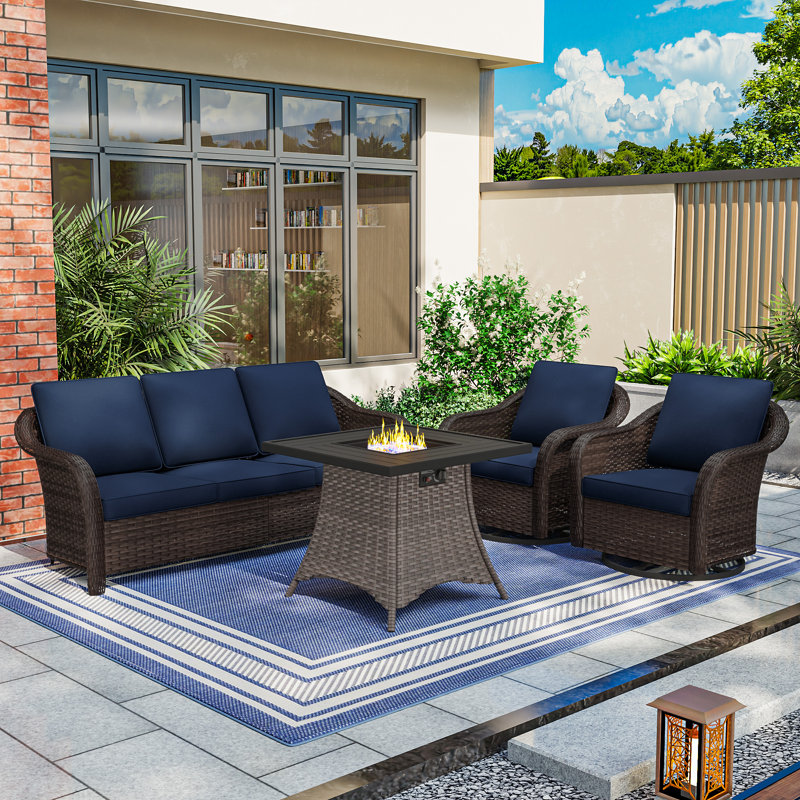 Ensemble de conversation d'extérieur en osier pour patio avec table de foyer optionnelle, Bleu