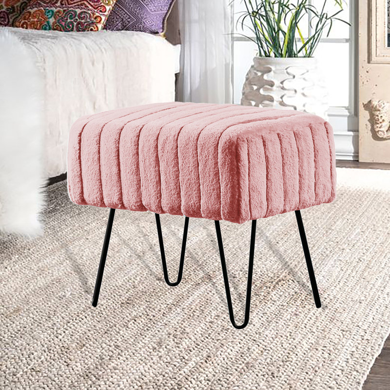 Defranco Upholstered Ottoman, Rose Smoke Faux Fur