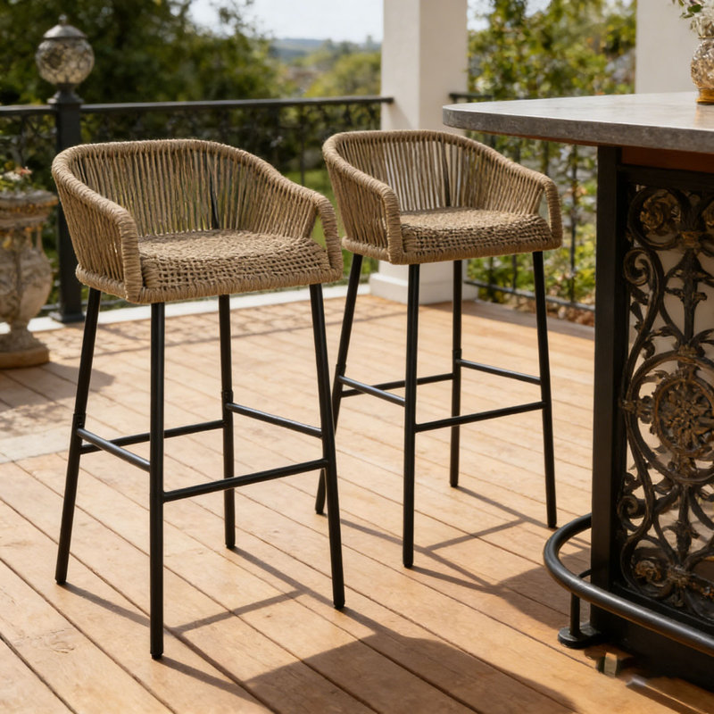 Outdoor Patio Rope Bar Stool, Black+Brown