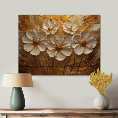 Fleurs blanches et dorées, fleurs sauvages I - Art mural en bois fleurs sauvages - sur bois de pin naturel