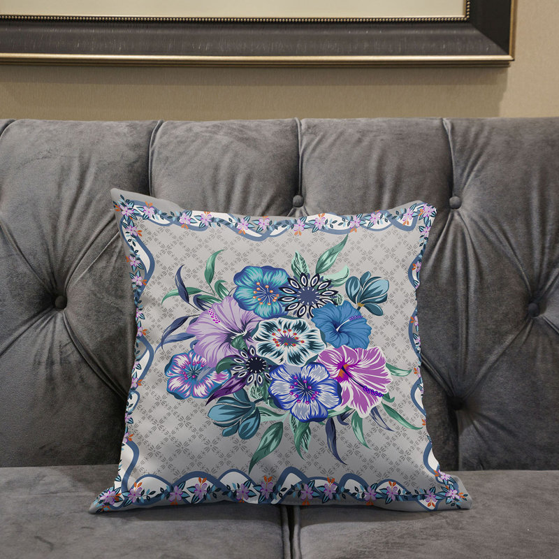 Floral Outdoor Reversible Throw Pillow, 20" x 20", Beige/Blue/Gray