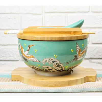 Turquoise Japanese Crane Donburi Ramen Bowl With Lid Trivet Spoon Chopsticks Set