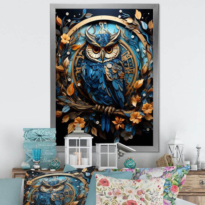 Représentation fantastique d'un hibou enchanté, Encadrement argenté, H 20 po x l 12 po x P 1 po
