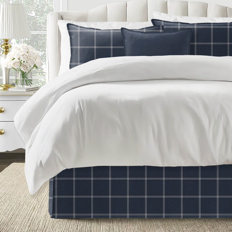 Shay Window Pane Dark Denim Cotton Bedskirt, 15", King