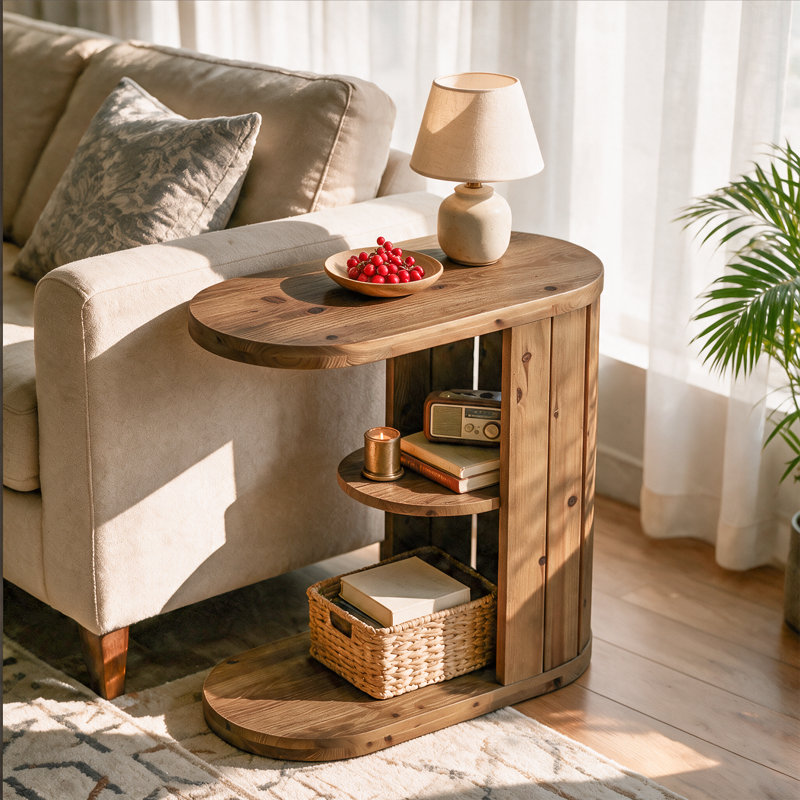 Table d'appoint en bois massif, petite table de chevet en forme de C avec rangement, 1