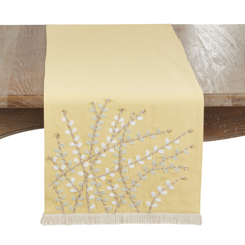 Embroidered Botanical Table Runner – Lined Decorative Table Runner with Fringe for Dining & Console Tables, 16"x72", Yellow