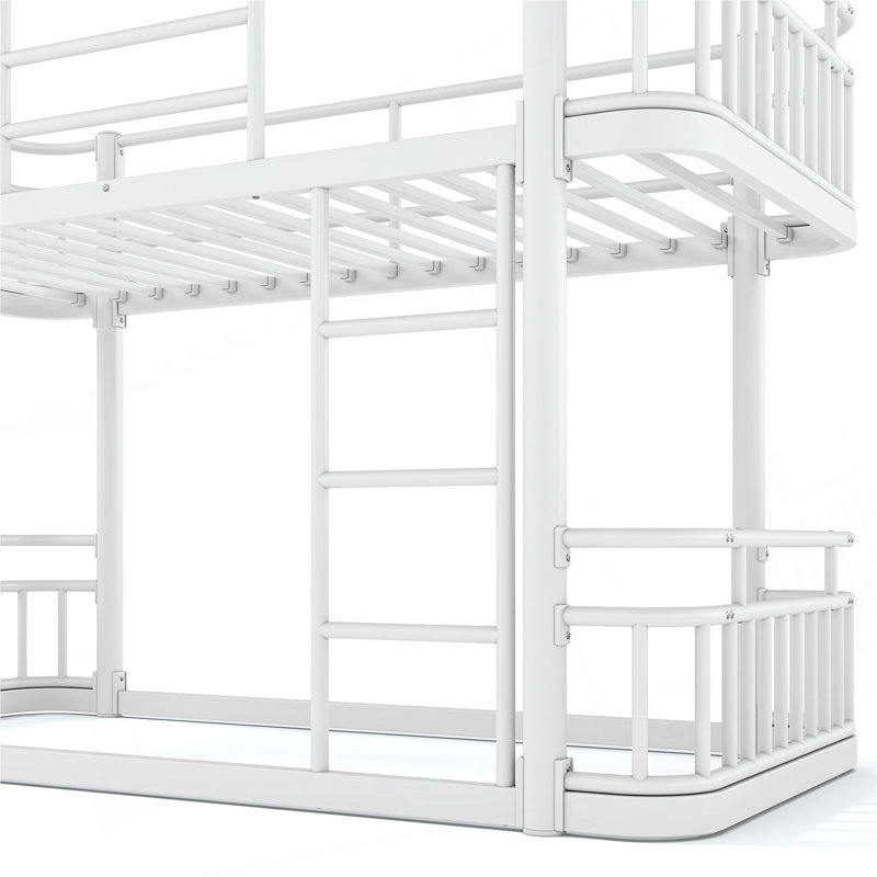 Lit superposé simple TG au-dessus de simple TG avec échelles et garde-corps, structure en métal ronde améliorée, élégante et polyvalente pour toute pièce, blanc