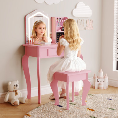 Ensemble de coiffeuse pour enfants avec miroir et éclairage, ensemble de table de maquillage Princess pour filles de 3 à 9 ans, idéal pour la chambre à coucher, rose